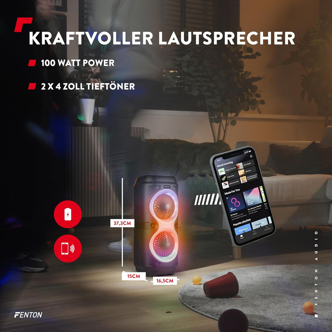Fenton Track210 Bluetooth Lautsprecher – Party Musikbox 100 Watt mit LED Lichtshow, Akku 8 h, USB/mi