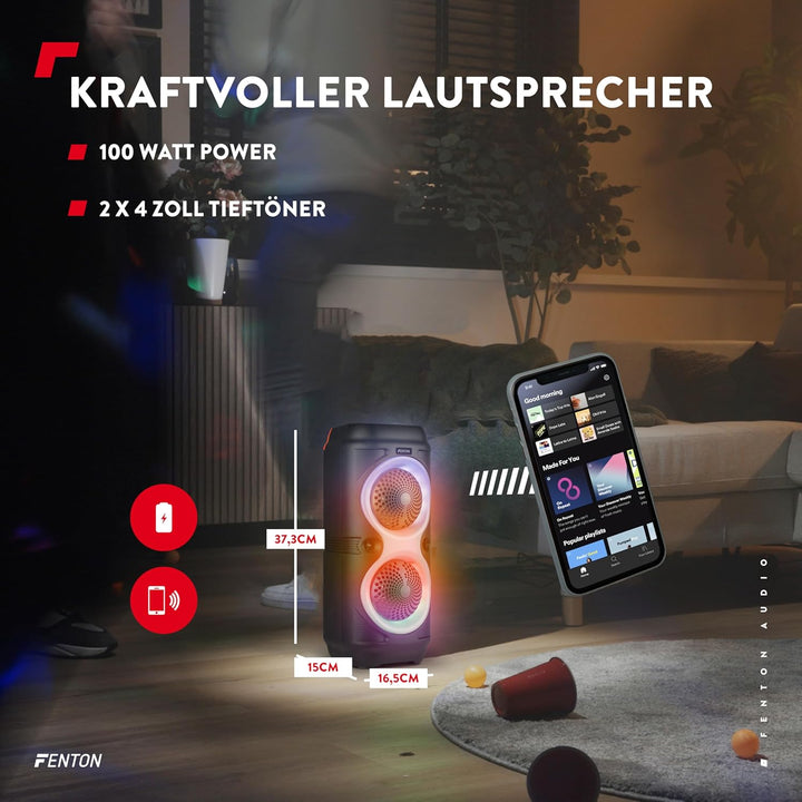 Fenton Track210 Bluetooth Lautsprecher – Party Musikbox 100 Watt mit LED Lichtshow, Akku 8 h, USB/mi