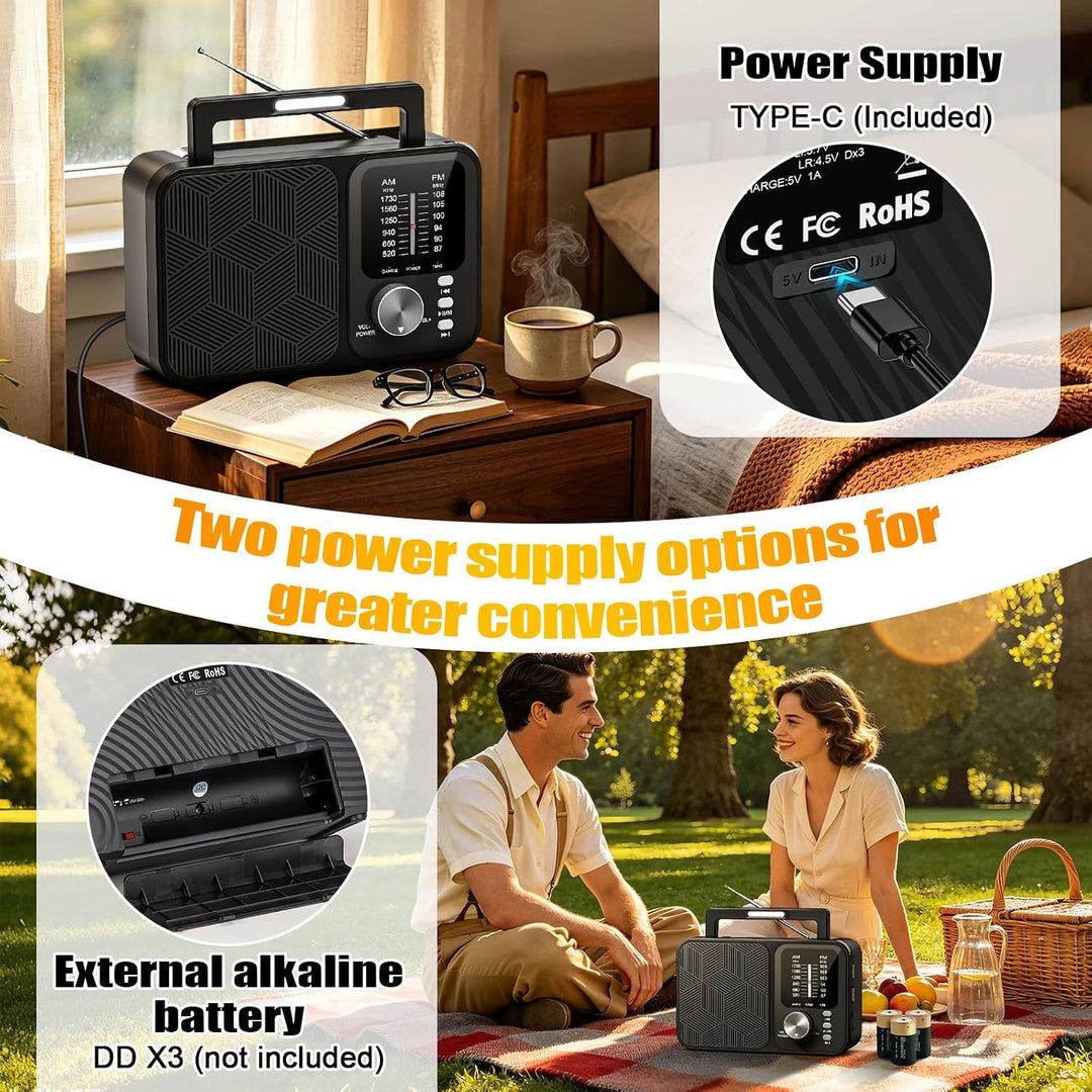 Tendak Tragbares Radio FM AM, Transistorradio Batteriebetrieben oder USB-C | Kofferradio mit 4000mAh