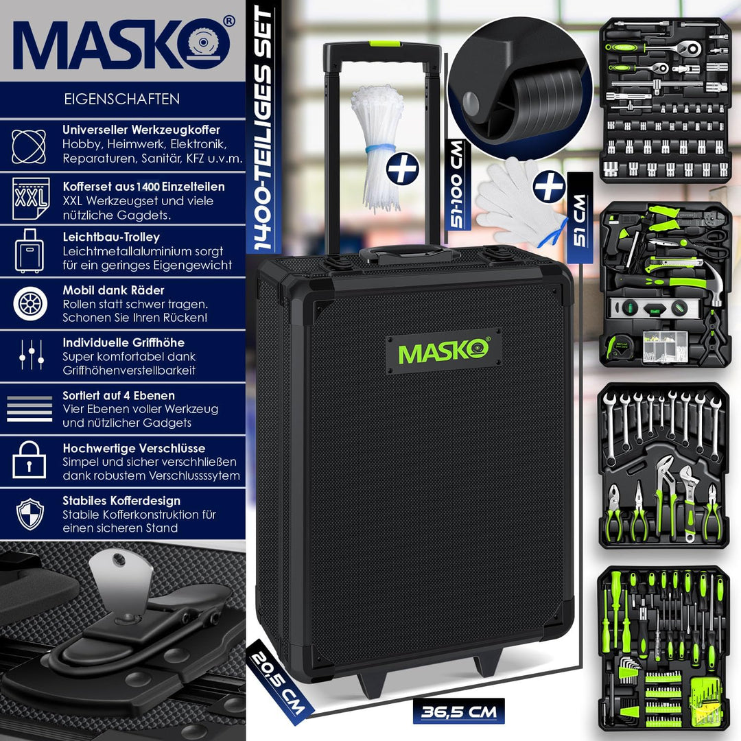 MASKO® Werkzeugkoffer 1400-teilig gefüllt | Werkzeugset im Aluminiumkoffer | Werkzeugkasten mit Roll
