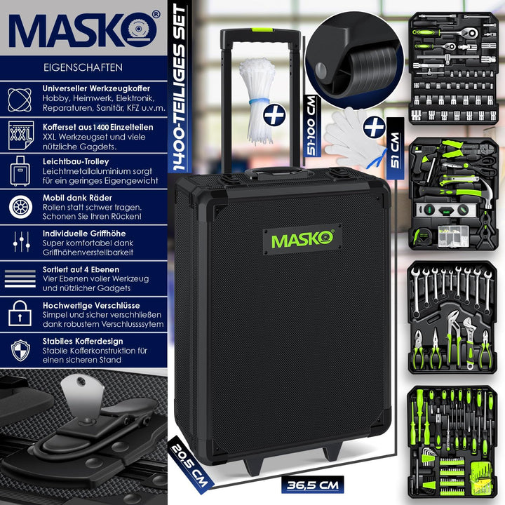 MASKO® Werkzeugkoffer 1400-teilig gefüllt | Werkzeugset im Aluminiumkoffer | Werkzeugkasten mit Roll
