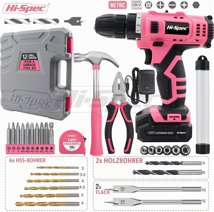Hi-Spec 30-tlg. Pink Akku-Bohrschrauber 12V und Haushalts DIY Werkzeug Set. Kabelloses Bohren und Sc