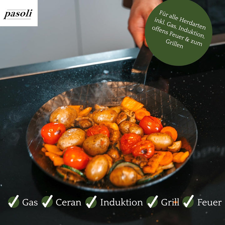 pasoli Steak-Pfanne aus Carbonstahl, voreingebrannt (mit Griffschutz) Steak-Pfanne mit Griffschutz,