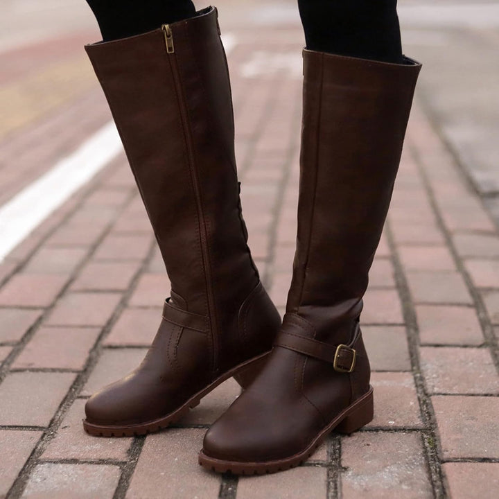 Stiefel Damen,Winterstiefel Damen Ohne Absatz Flach Langschaft Hohe Stiefel Retro Leder Kniehoch Boo