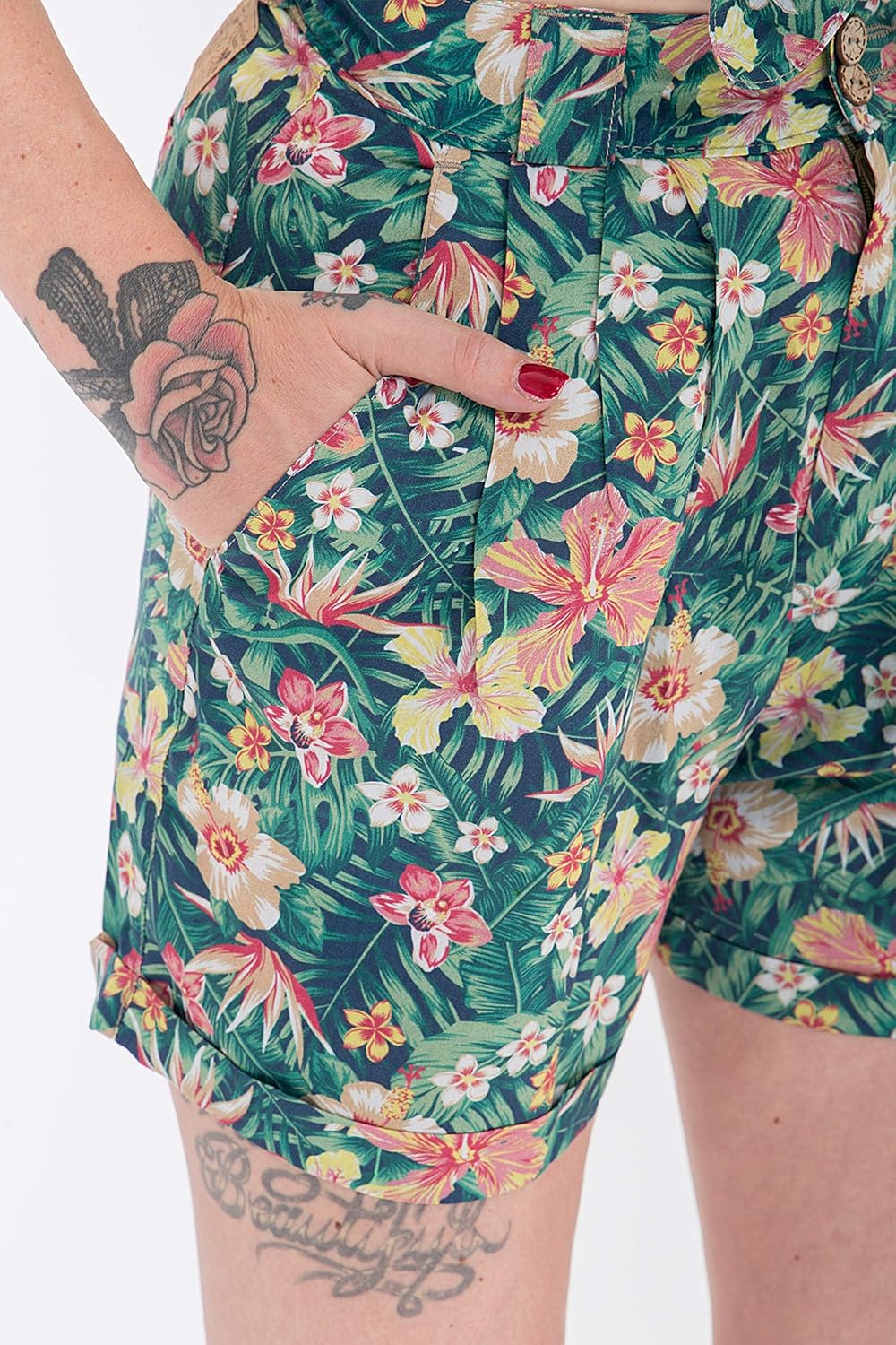 Queen Kerosin Damen Shorts Mit Tropischem Muster Aufschlag Shorts Tailliert Gemustert XS Slim Grün,