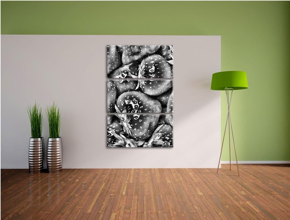 Pixxprint Monocrome, Strawberry Erdbeere Fruits Obst Früchte 3-Teiler Leinwandbild 120x80 Bild auf L