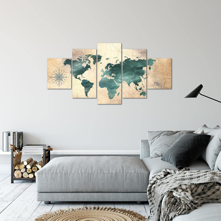 Runa Art Bild Büro Wohnzimmer Weltkarte 5 Teilig Antik Grün braun Wandbilder auf Vlies Leinwand 0260
