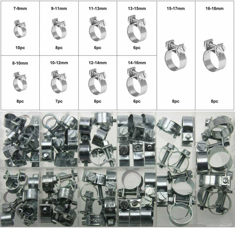 73 x Universal Mini Schlauchklemmen-Sortiment Rundziehende Schlauchschellen/KlemmschelleSatz (im Auf