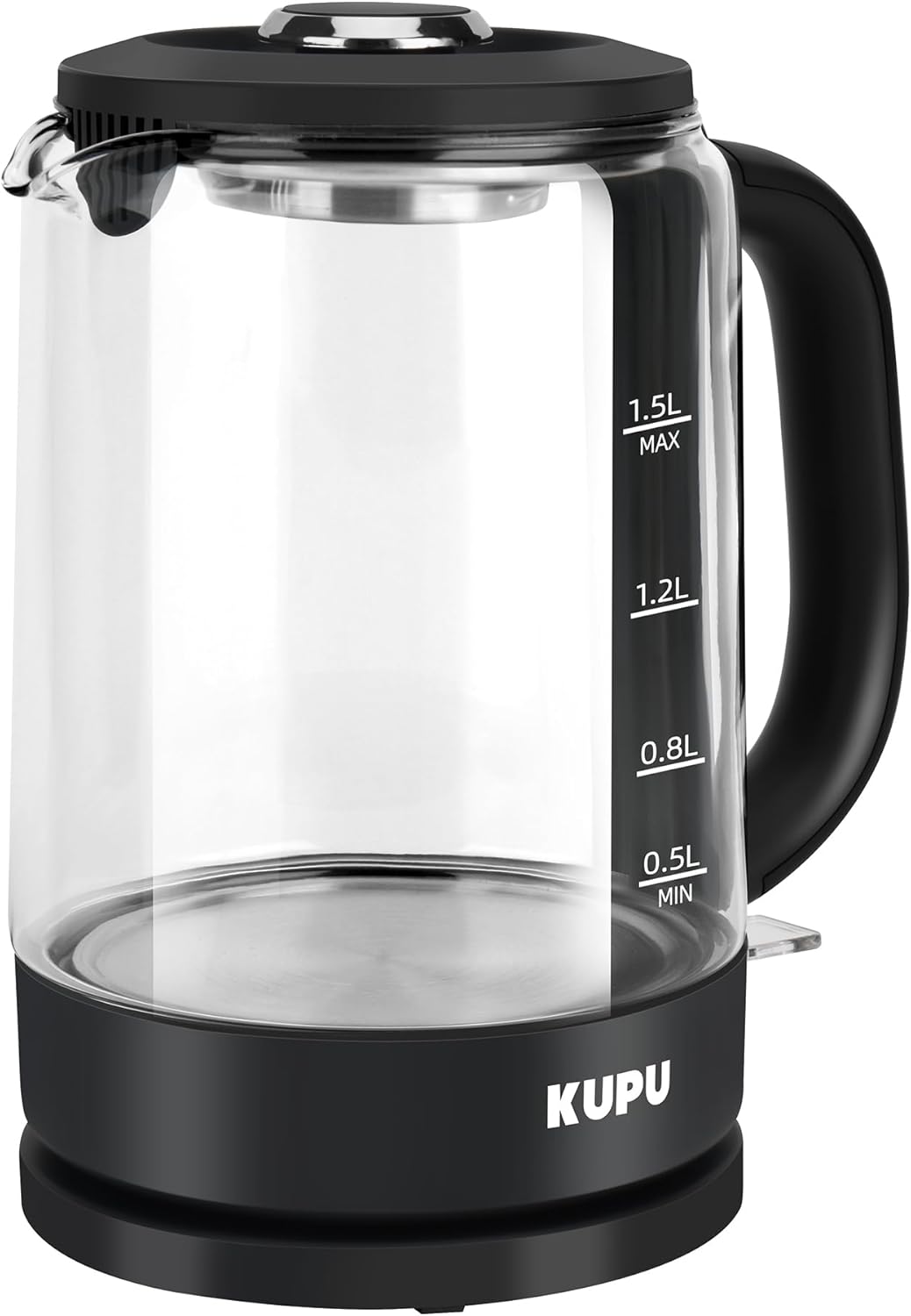KUPU Glas Wasserkocher, 1.5 Liter, 2200 Watt schnelles Aufheizen, kompakter Glaswasserkocher, BPA-fr