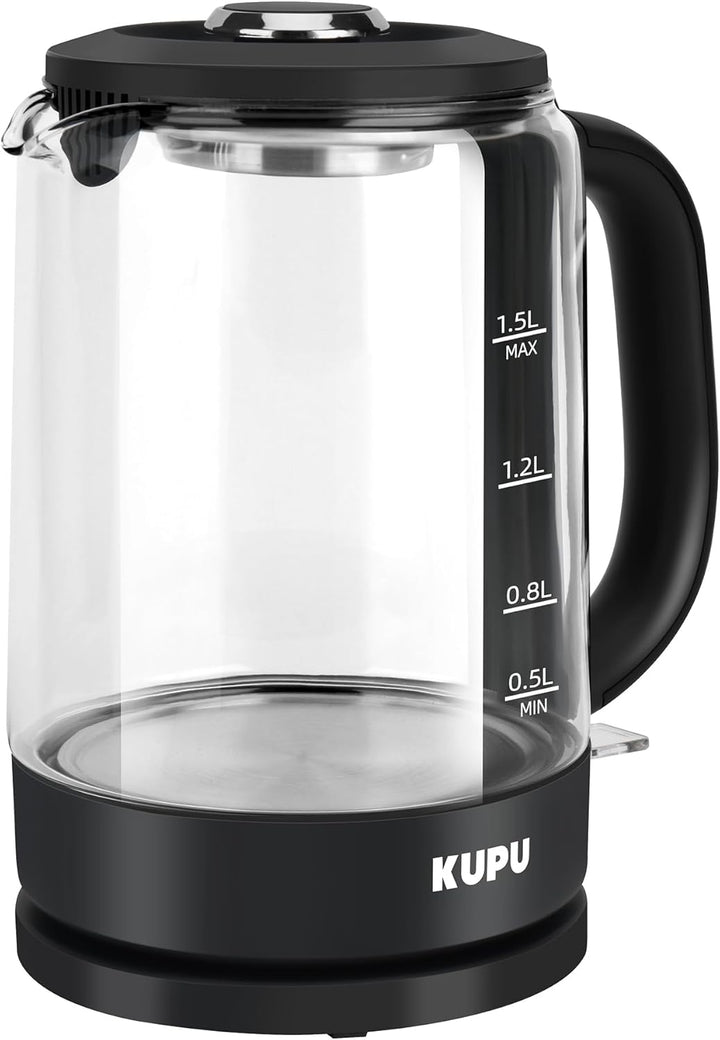 KUPU Glas Wasserkocher, 1.5 Liter, 2200 Watt schnelles Aufheizen, kompakter Glaswasserkocher, BPA-fr