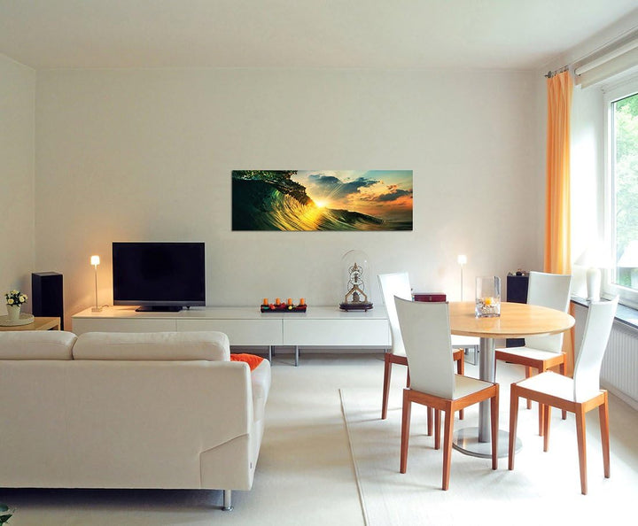 Paul Sinus Art Panoramabild auf Leinwand und Keilrahmen 120x40cm Meer Welle Wolkenhimmel Sonnenunter
