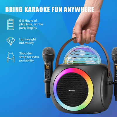 Karaoke Maschine für Erwachsene und Kinder, tragbare Bluetooth Lautsprecher mit 2 UHF Wireless Mikro