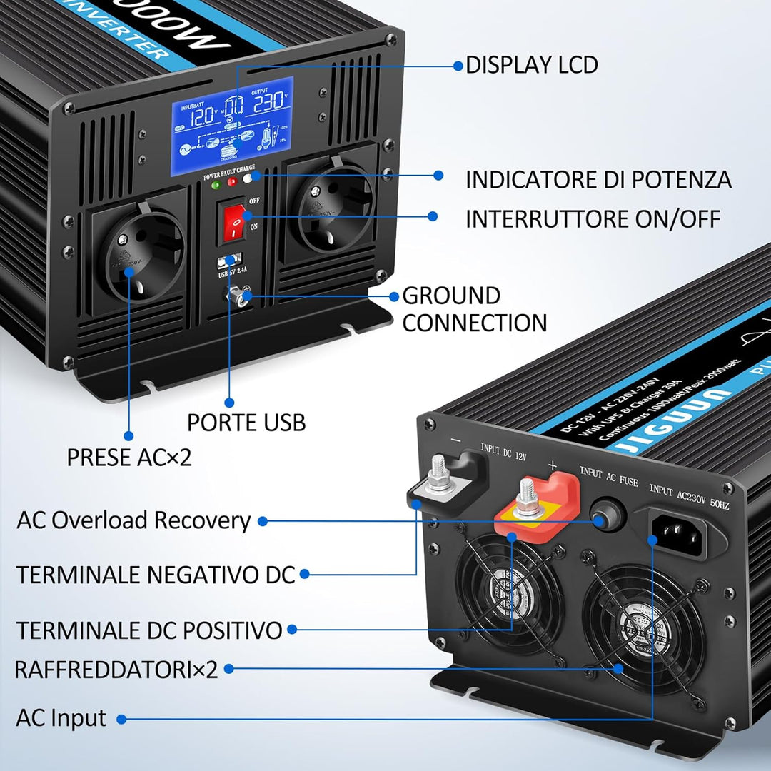 JIGUUN 1000W 2000W Wechselrichter Reiner Sinus Spannungswandler 12v 230v Mit 30A-Ladegerät und Netzv