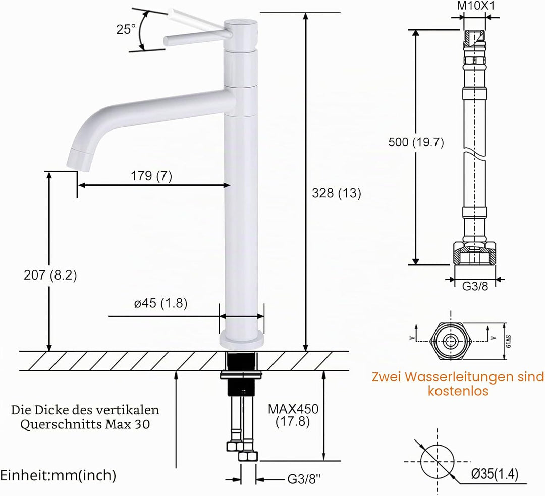 ARCORA Wasserhahn Bad,Hochdruck Waschtischarmatur Hoch aus Kupfer 360° Schwenkbar mit Auslauf Höhe 2