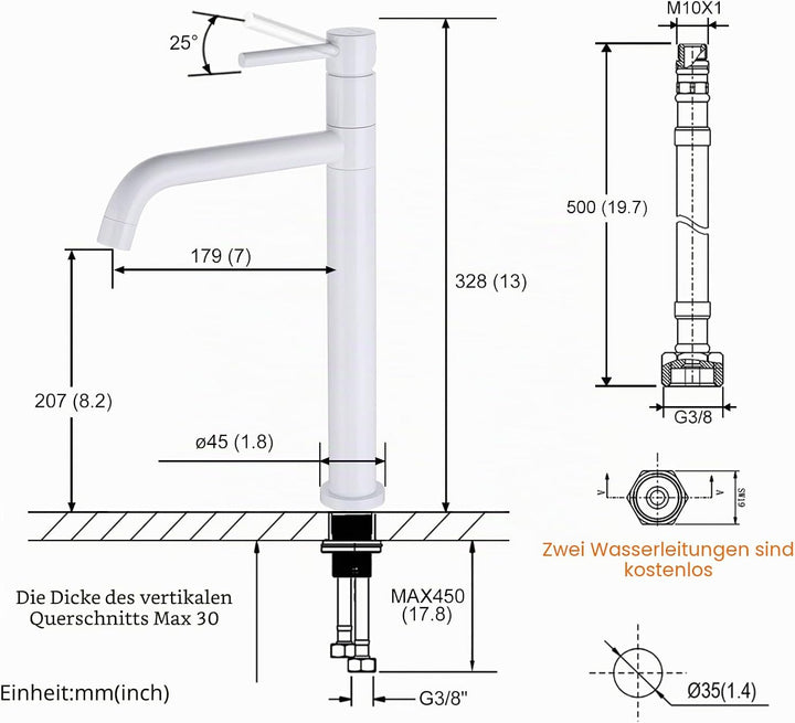 ARCORA Wasserhahn Bad,Hochdruck Waschtischarmatur Hoch aus Kupfer 360° Schwenkbar mit Auslauf Höhe 2