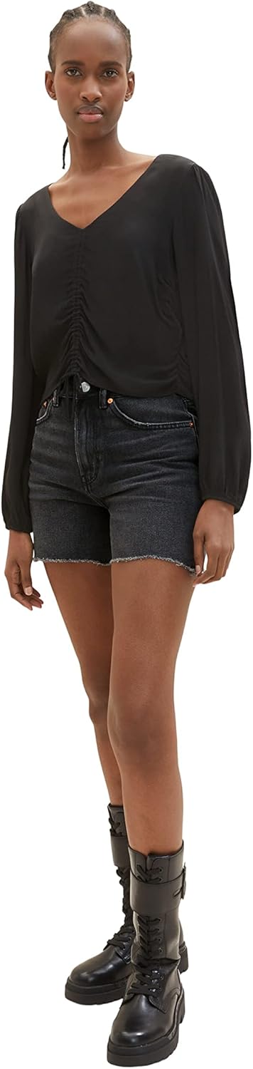 TOM TAILOR Denim Damen Cropped Bluse mit Raffdetail M 14482 - Deep Black, M 14482 - Deep Black