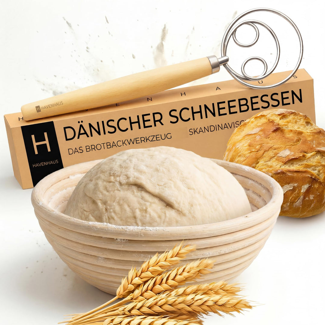 HAVENHAUS Backset Brotkorb Dänisch - Gärkörbchen Backen Set Sauerteig Brot Dänischer Schneebesen Gär