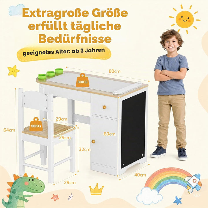 Clevich Kinder Tisch Stuhl Set mit Tafel, Kindertisch Holz, Weiss