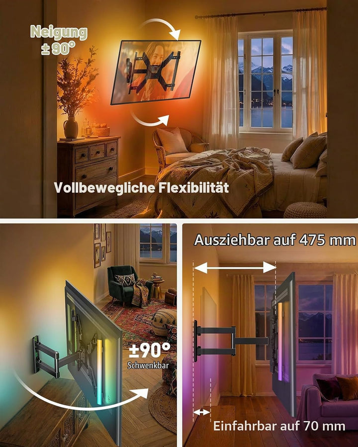 Perlegear Voll-bewegliche TV Wandhalterung mit LED-Lichtern für 25″-65″ TV 45kg, TV Halterung mit Ne