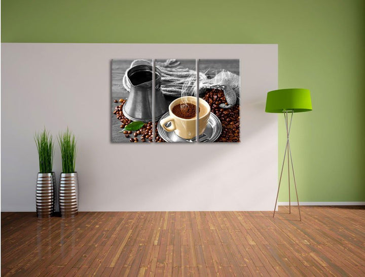 Pixxprint Dampfender Kaffe mit Kännchen schwarz/weiss 3-Teiler Leinwandbild 120x80 Bild auf Leinwand