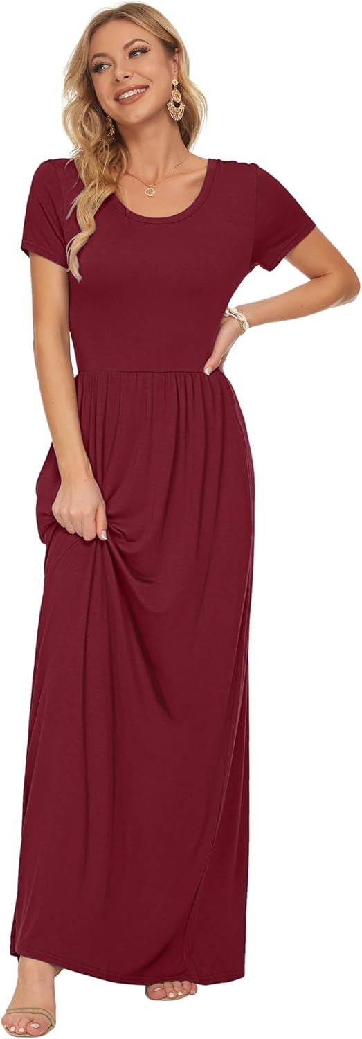 AUSELILY Damen Kurzarm Loose Casual Long Maxi Kleider mit Taschen Wein Rot XL, Wein Rot XL