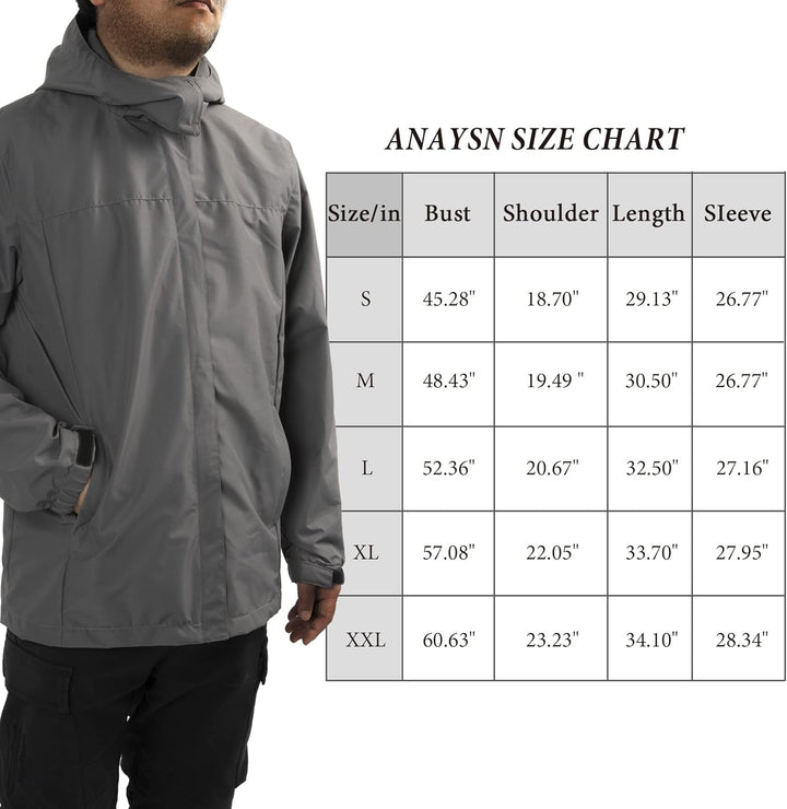 ANAYSN Herren Regen Jacke mit Kapuze wasserdicht leichte Jacke und Reissverschlusstaschen Regenmante