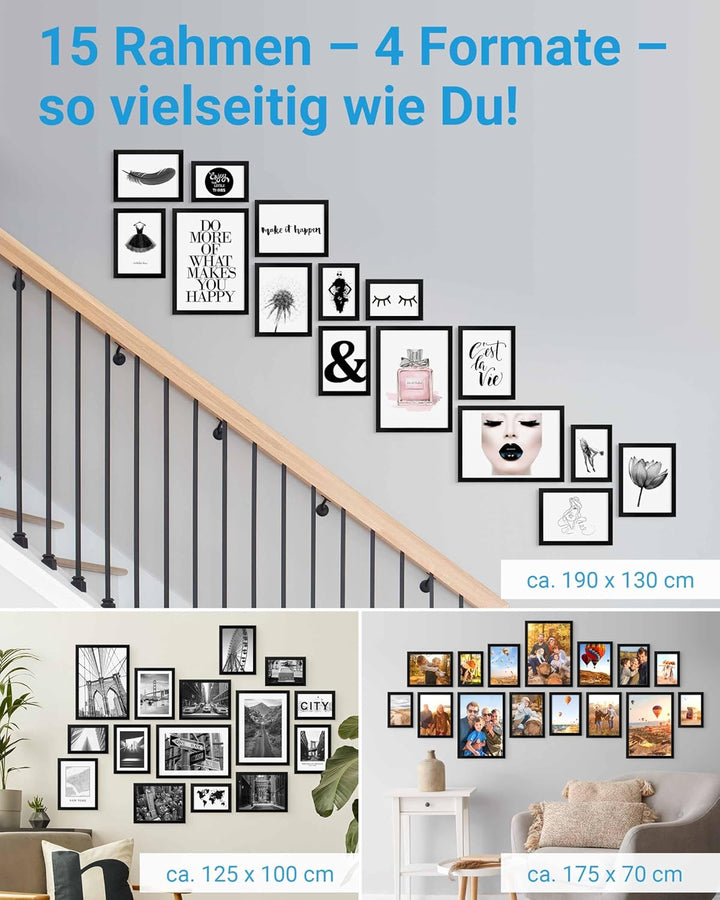 PHOTOLINI Bilderrahmen Set verschiedene Grössen schwarz, 15 Bilderrahmen Treppenaufgang Holz MDF, Bi