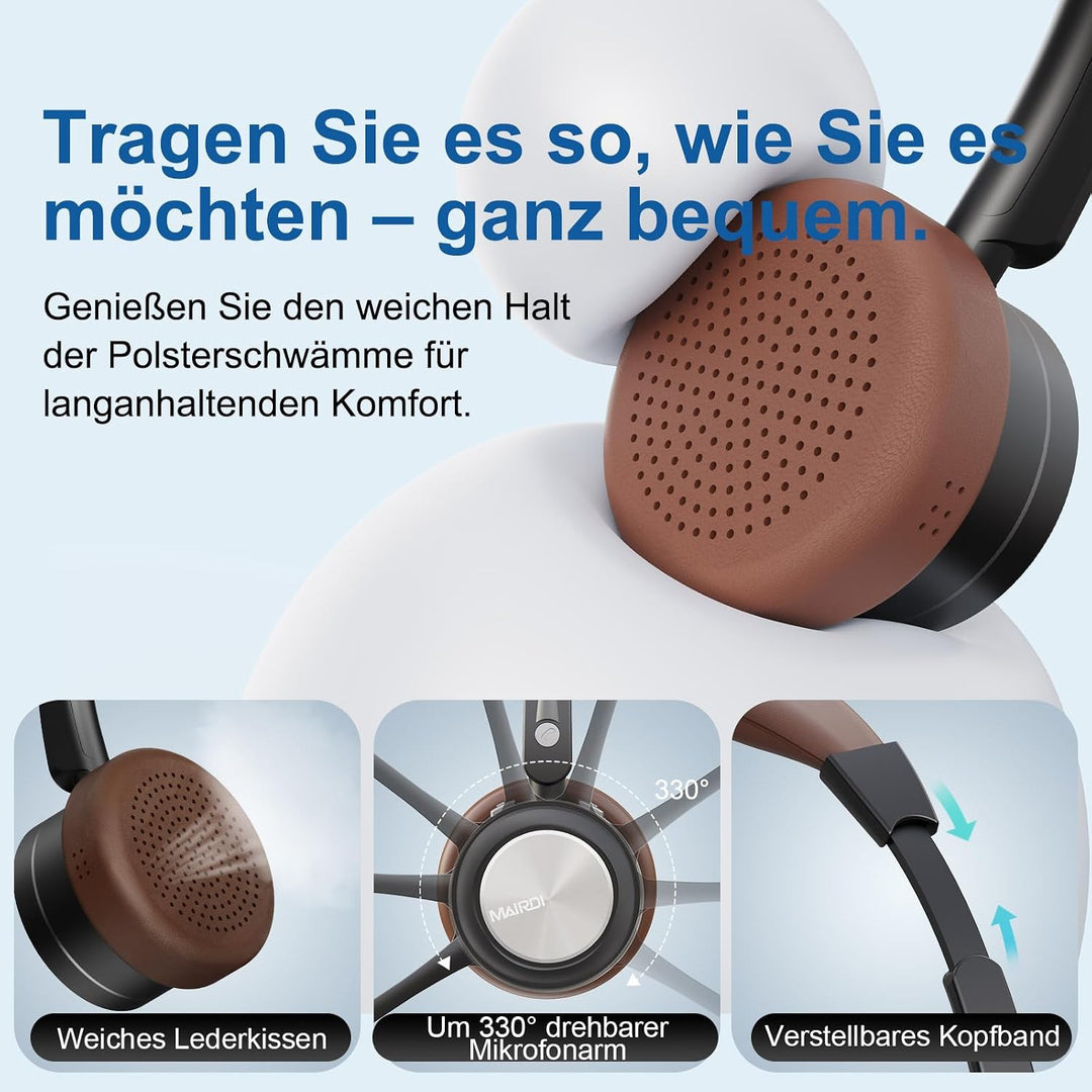 Bluetooth Headset mit Mikrofon für PC, Kabelloses Headset mit Rauschunterdrückungs Mikrofon, USB-Don