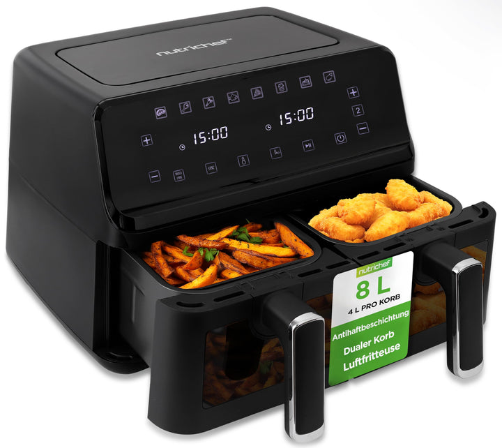 NutriChef Heissluftfritteuse 8L Doppelt – Airfryer mit 2 Fächern, Sichtfenster & 9 Programmen, max.