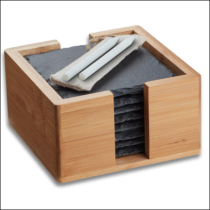 Schiefer Untersetzer Set - 8 Glasuntersetzer eckig mit Halter - Schieferplatte 10x10 cm schwarz für