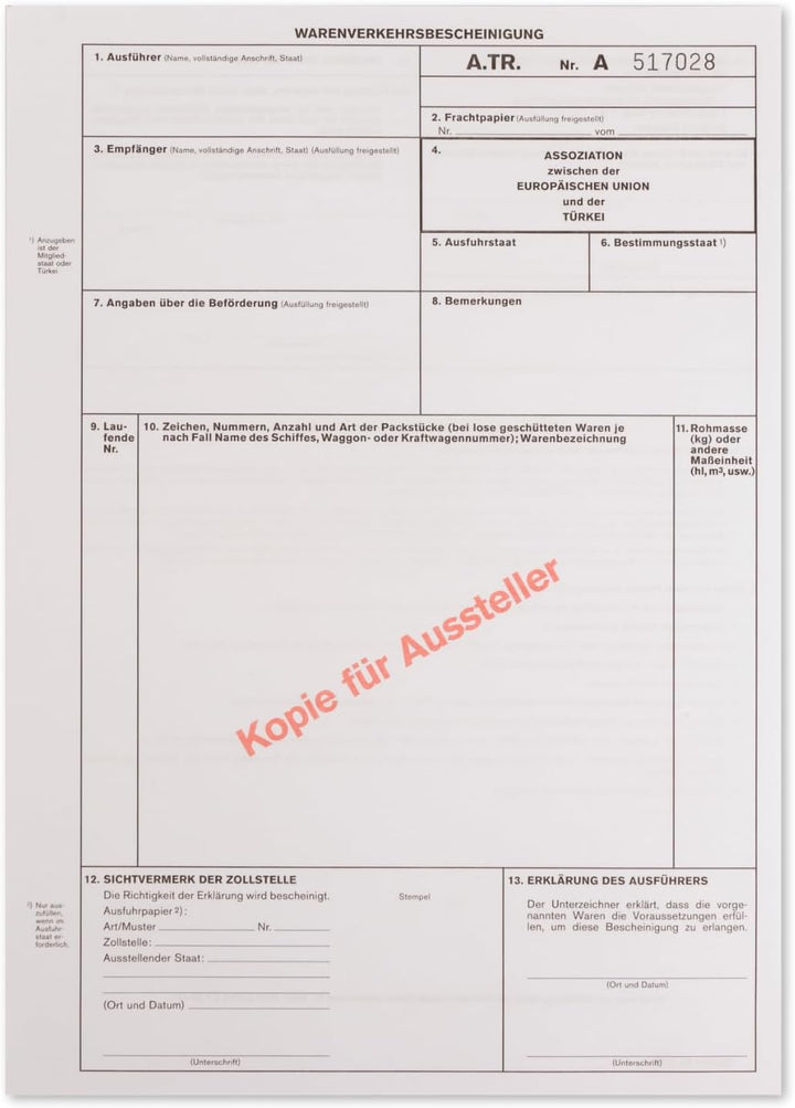 mashpaper A.TR. ATR Warenverkehrsbescheinigung Formular für Laserdrucker Menge wählbar 10, 50 oder 1