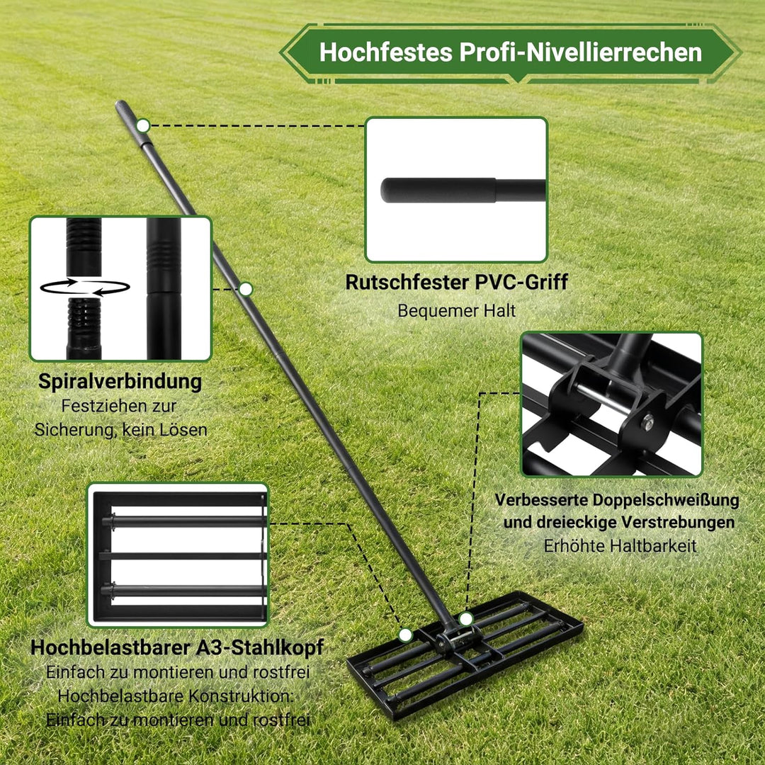 Rasen nivellierrechen 43 x 30 cm | 210 cm mit Einstellbarer Langer Griff | Egalisierer Rasen Edelsta