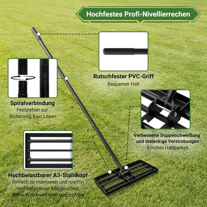 Rasen nivellierrechen 43 x 30 cm | 210 cm mit Einstellbarer Langer Griff | Egalisierer Rasen Edelsta