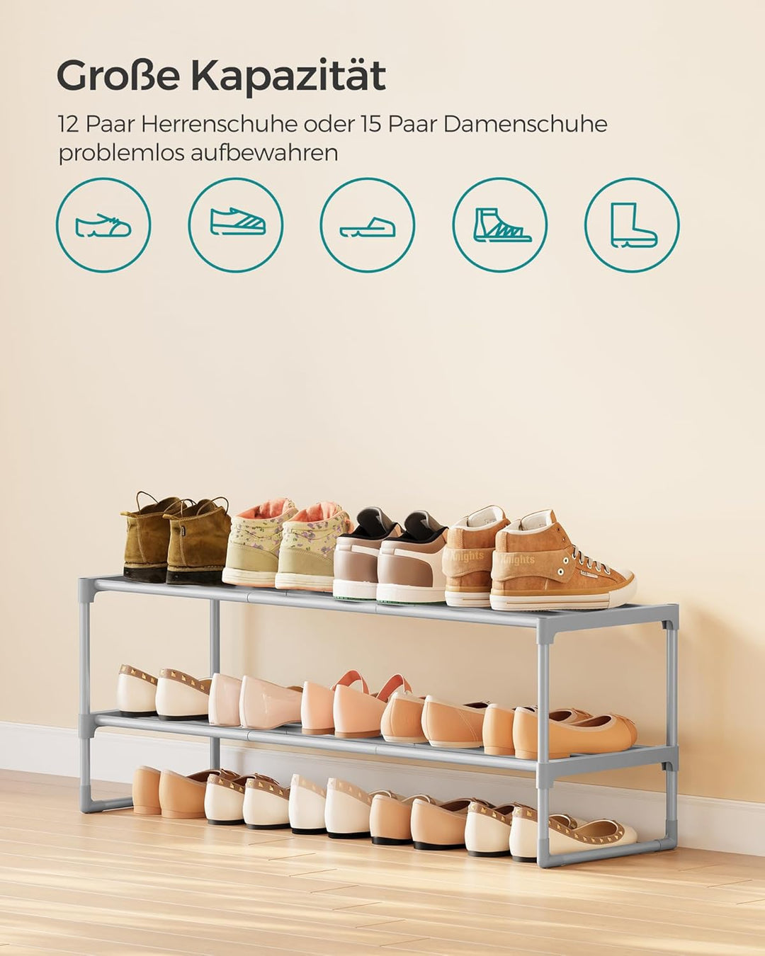 SONGMICS Schuhregal 2 Ebenen, Schuhständer Metall, Schuhaufbewahrung, Schuh-Organizer, aufrecht oder