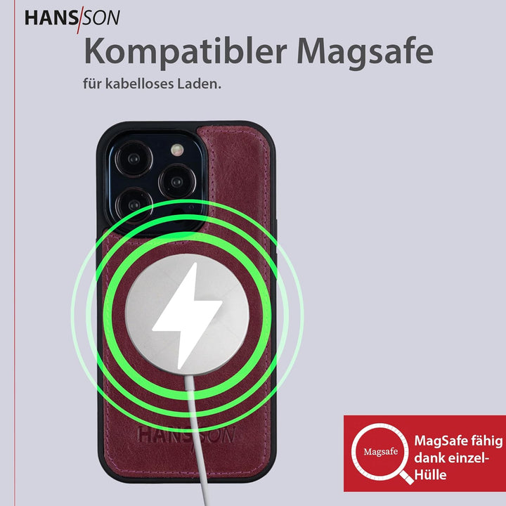 HANS/SON Klappbare Echtlederhülle in Magenta | iPhone 14 Pro Max Ledercase mit Kartenfächern | Leder