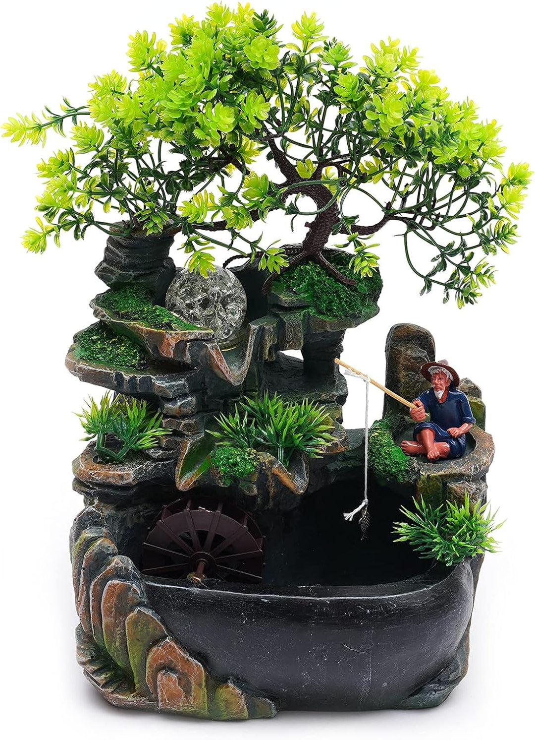 LED Zimmerbrunnen Tischbrunnen 30cm, Wasserfall Deko mit Pumpe | Harz Desktop Brunnen, 2,5W Wasserpu