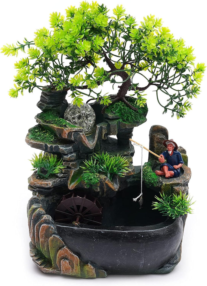 LED Zimmerbrunnen Tischbrunnen 30cm, Wasserfall Deko mit Pumpe | Harz Desktop Brunnen, 2,5W Wasserpu