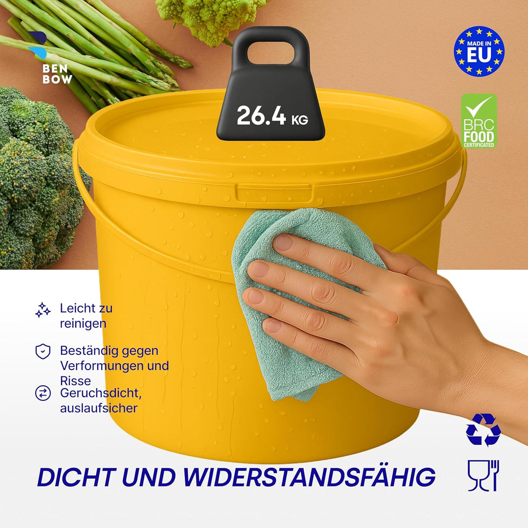 BenBow Eimer mit Deckel 10l gelb 10x 10 Liter - lebensmittelecht, stabil, luftdicht, auslaufsicher,