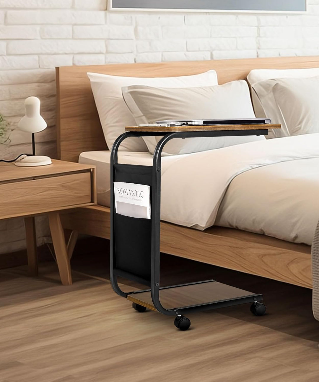 Yorbay Beistelltisch Holz Couch, Sofatisch mit Rollen und Aufbewahrungstasche, C Form Mobiler Kaffee