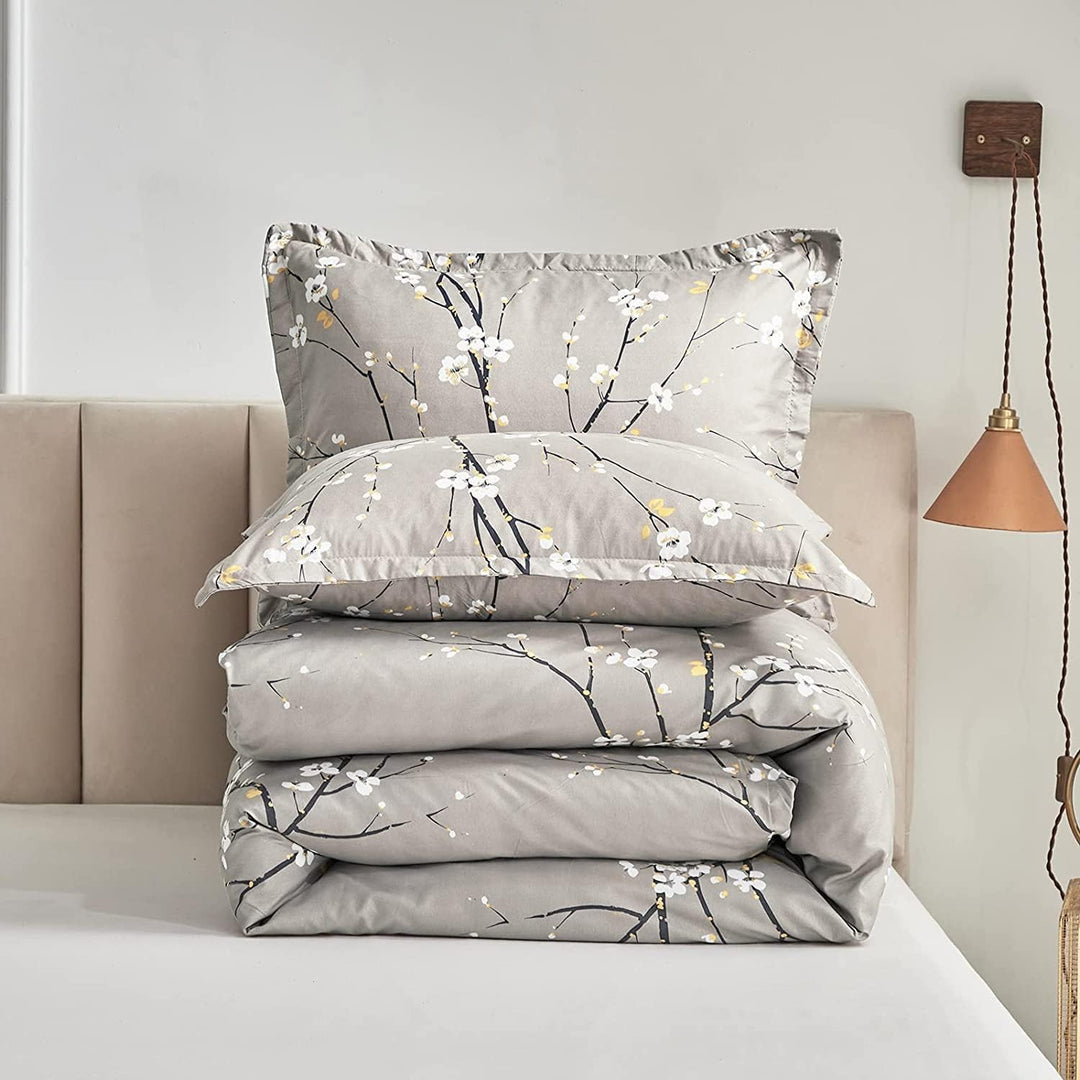 Lanqinglv Bettdecke 200x220cm Ganzjahresdecke 4 Jahreszeiten,Grau Weiss Blätter Blumenmuster Steppde