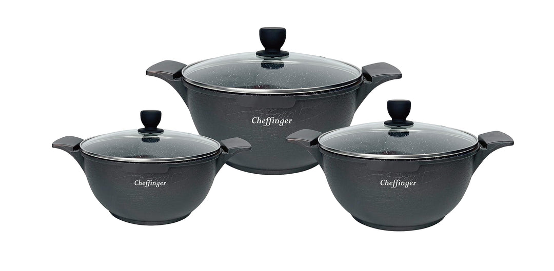 Kochtopfset 20-24-28cm 6-tlg Topf Induktion Alu Guss Geschirr Schwarz, Schwarz