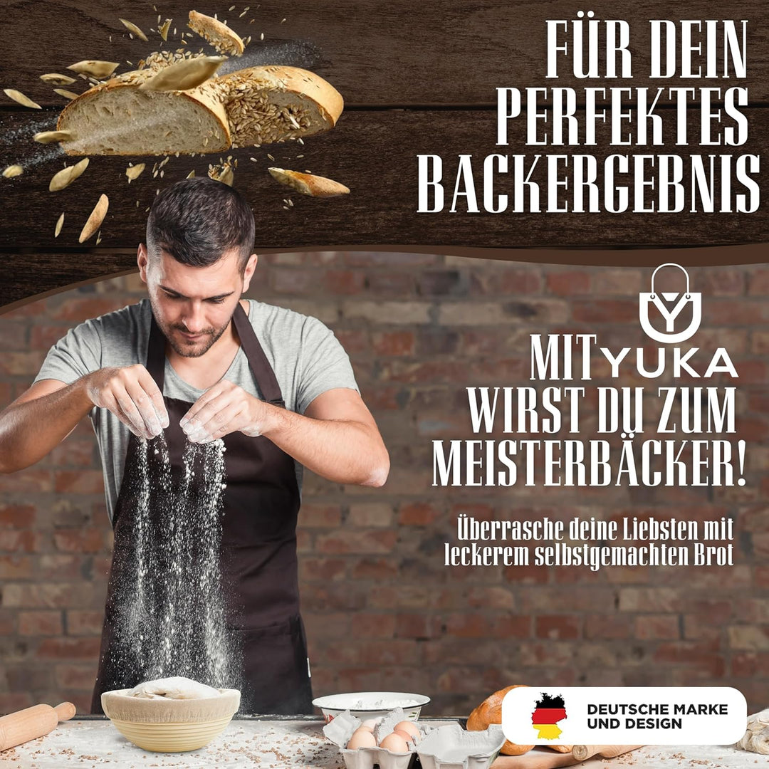 YUKA Profi Gärkörbchen rund für Brot 23cm [NEU] - Gärkorb set mit 3 Brotmuster-Plättchen [inkl. wasc