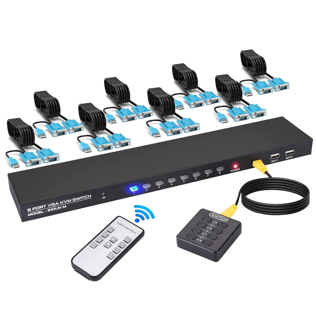 TCNEWCL 8 Port VGA KVM Switch, USB VGA KVM Switcher für 8 PC 1 Monitor, mit kabelgebundene Fernbedie