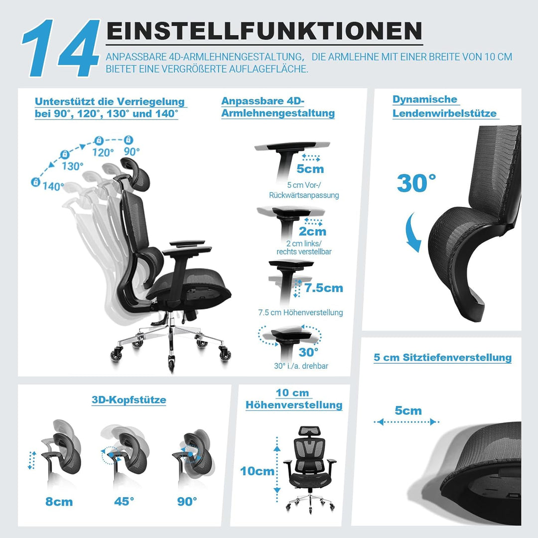 Bürostuhl Ergonomisch, 4D-Armlehnen, Verstellbare Sitztiefe, 4-stufige Neigung, Gummirollen, Mesh-Si