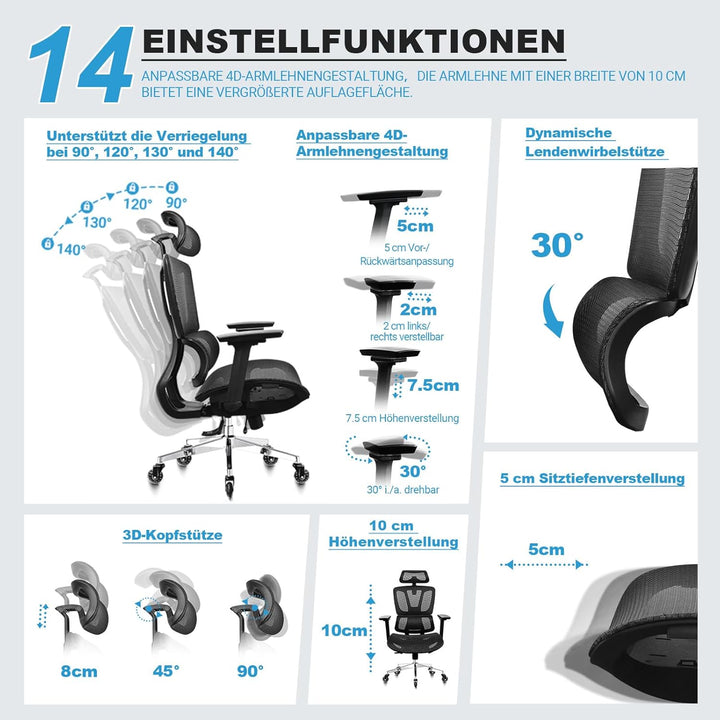 Bürostuhl Ergonomisch, 4D-Armlehnen, Verstellbare Sitztiefe, 4-stufige Neigung, Gummirollen, Mesh-Si
