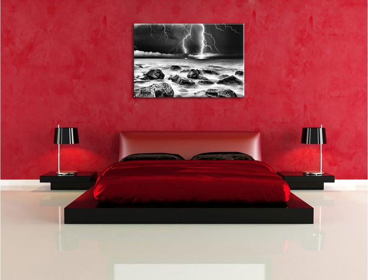 Pixxprint Blitzeinschlag in Meer / 100x70cm Leinwandbild bespannt auf Holzrahmen/Wandbild Kunstdruck