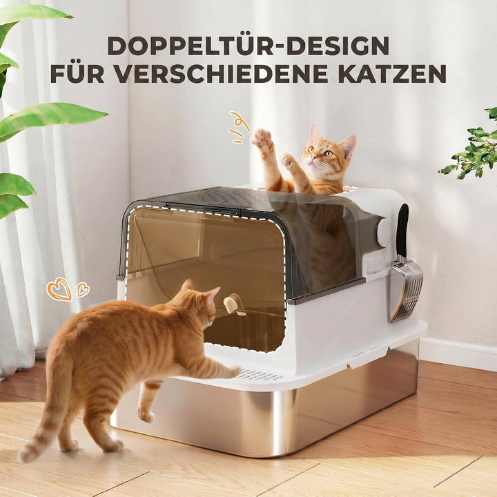 PawHut Katzenklo XXL Edelstahl mit Deckel 52L für grosse Katzen Weiss | Katzentoilette für Mehrere K