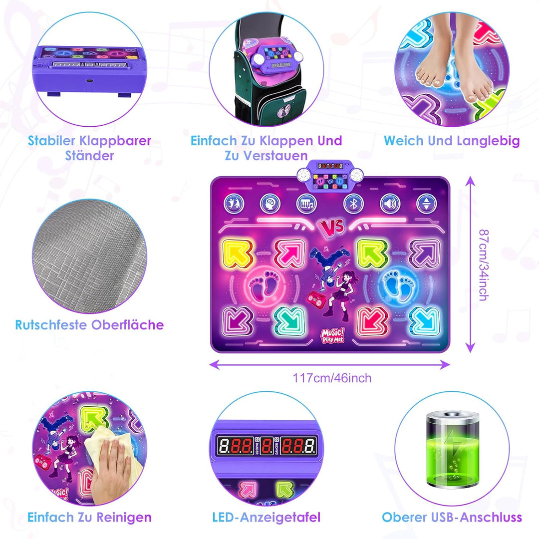 GuKKK Tanzmatte für Kinder, 2-Spieler & Wiederaufladbar Leucht Tanzmatte mit 8 LED-Lichtern&Bluetoot
