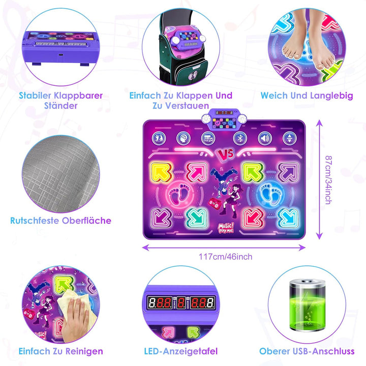 GuKKK Tanzmatte für Kinder, 2-Spieler & Wiederaufladbar Leucht Tanzmatte mit 8 LED-Lichtern&Bluetoot