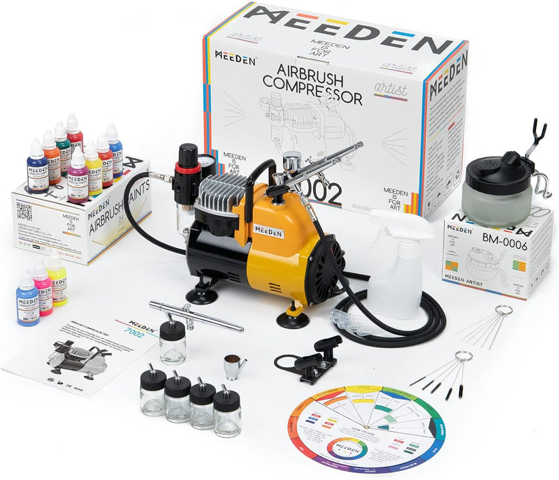 MEEDEN Tragbares Airbrush-Kompressor-Kit mit automatischem Start und Stopp, 3 Dual-Action-Airbrushes